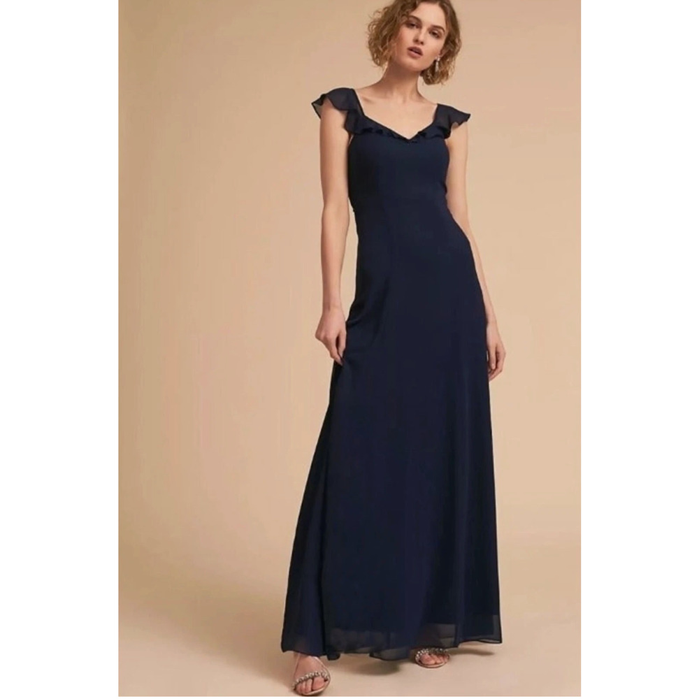 Anthropologie BHLDN Women's 8 Navy Diana Ruffle Strap Maxi Dress Bridesmaid